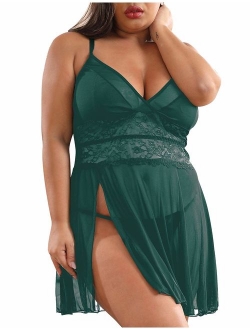 XAKALAKA Women's Plus Size Lingerie Babydoll Front Slit Lace Mesh Chemise Sleepwear