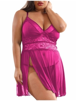 XAKALAKA Women's Plus Size Lingerie Babydoll Front Slit Lace Mesh Chemise Sleepwear