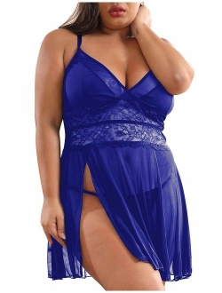 XAKALAKA Women's Plus Size Lingerie Babydoll Front Slit Lace Mesh Chemise Sleepwear