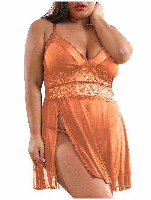 XAKALAKA Women's Plus Size Lingerie Babydoll Front Slit Lace Mesh Chemise Sleepwear