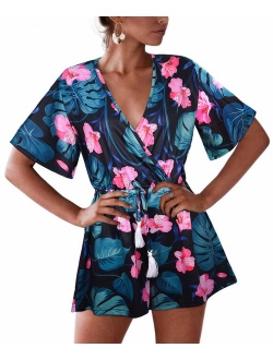 Odosalii Women's V Neck Floral Leaves Jumpsuit Tassel Elastic Waist Playsuit Loose Short Romper