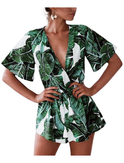 Odosalii Women's V Neck Floral Leaves Jumpsuit Tassel Elastic Waist Playsuit Loose Short Romper