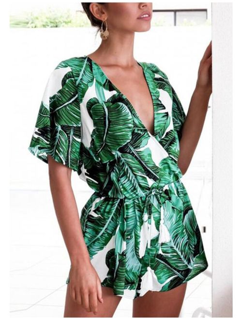 Odosalii Women's V Neck Floral Leaves Jumpsuit Tassel Elastic Waist Playsuit Loose Short Romper