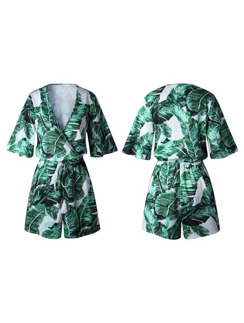 Odosalii Women's V Neck Floral Leaves Jumpsuit Tassel Elastic Waist Playsuit Loose Short Romper