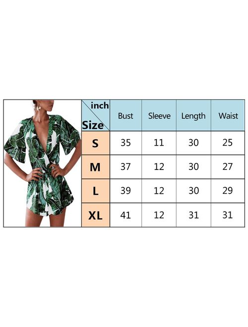 Odosalii Women's V Neck Floral Leaves Jumpsuit Tassel Elastic Waist Playsuit Loose Short Romper