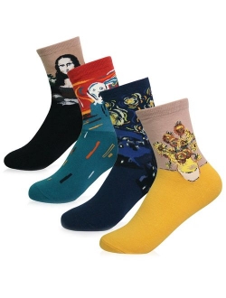 KONY 4 to 7 Pairs Women's Cotton Novelty Art Printed Crew Socks Famous Artist Painting Pattern Fashion Socks Gift Size 6-9