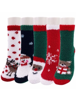 Christmas Fuzzy Socks,5-7 Pairs Fluffy Socks Women Holiday Cute Socks XMAS Santa Socks Cozy Crew Socks for Women