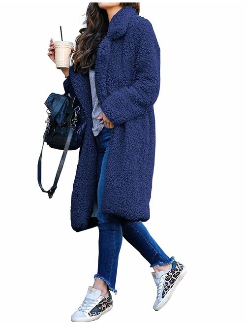 Women Long Cardigan Open Front Faux Fur Coats Fuzzy Fleece Warm Winter Jackets