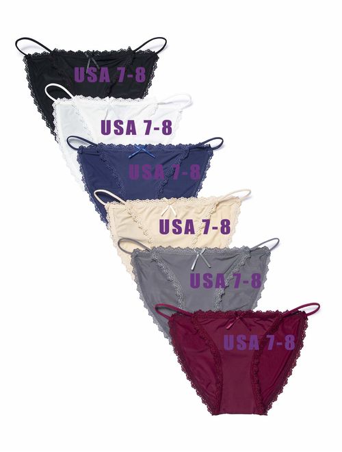 Camelia Womens String Bikini Cotton and Silk Lace Two Versions Panties 4-6 Pack Sexy Underwear Briefs USA Size: XS-XL