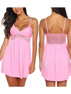 Women Lace Lingerie Sleepwear Chemises V-Neck Full Slip Babydoll Nightgown Dress