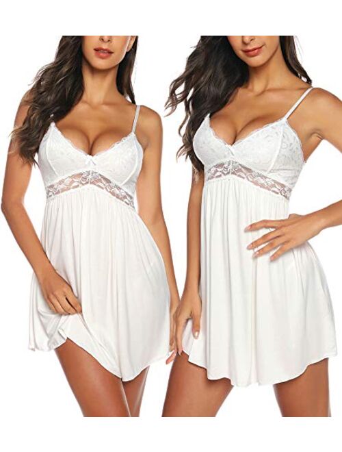 Women Lace Lingerie Sleepwear Chemises V-Neck Full Slip Babydoll Nightgown Dress