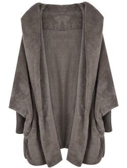 Women Khaki Hooded Dolman Sleeve Faux Fur Cardigan Coat for Winter