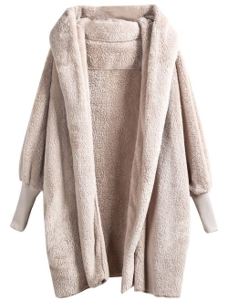 Women Khaki Hooded Dolman Sleeve Faux Fur Cardigan Coat for Winter