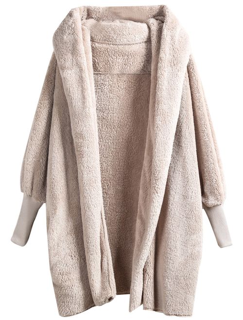 SweatyRocks Women Khaki Hooded Dolman Sleeve Faux Fur Cardigan Coat for Winter