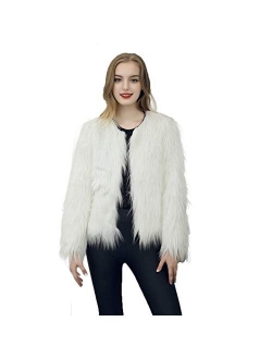 Dikoaina Women's Solid Color Shaggy Faux Fur Coat Jacket