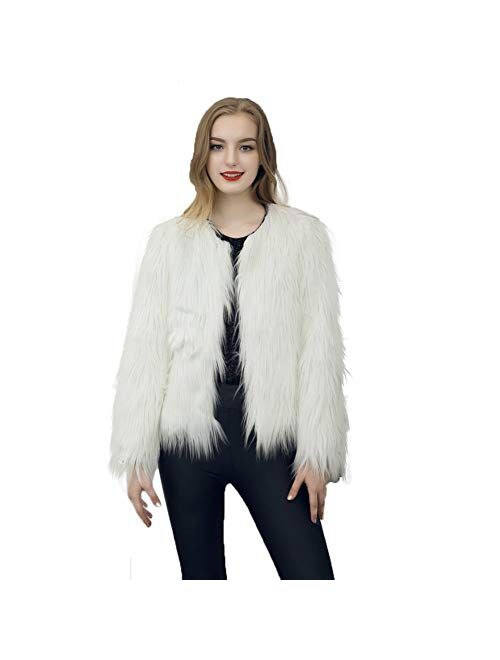 Dikoaina Women's Solid Color Shaggy Faux Fur Coat Jacket