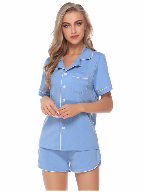 Aibrou Women's Pajamas Set Cotton Sleepwear Long and Short Button-Down Pj Set