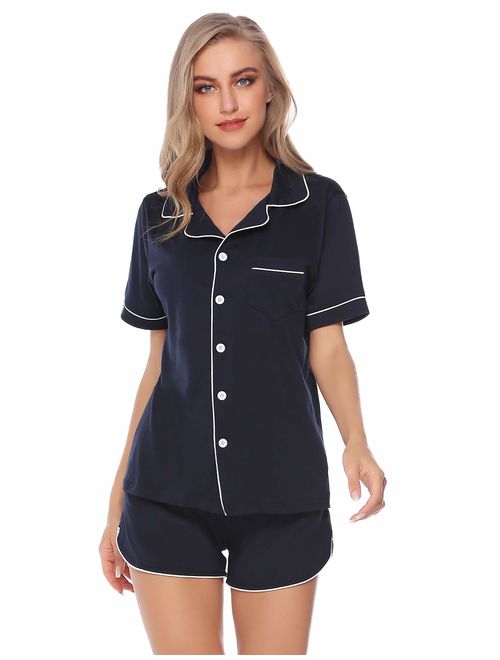 Aibrou Women's Pajamas Set Cotton Sleepwear Long and Short Button-Down Pj Set