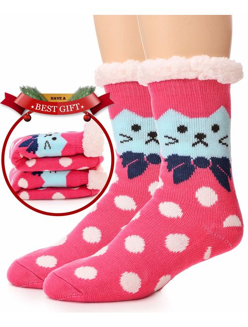 Womens Slipper Socks Fuzzy Warm Thick Heavy Fleece lined Christmas Stockings Fluffy Winter Socks With Grippers