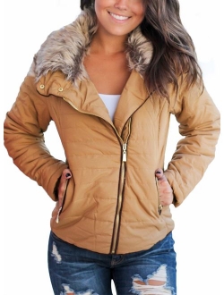 CILKOO Womens Faux Fur Collar Zip Up Quilted Jacket Coat Outerwear(S-XXL)