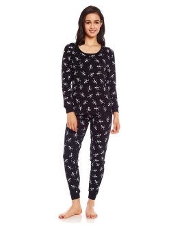 Women's Pajamas Fitted Printed Owl 2 Piece Pjs Set 100% Cotton Sleep Pants Sleepwear (XSmall-XLarge)