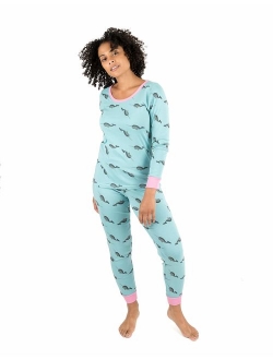 Women's Pajamas Fitted Printed Owl 2 Piece Pjs Set 100% Cotton Sleep Pants Sleepwear (XSmall-XLarge)