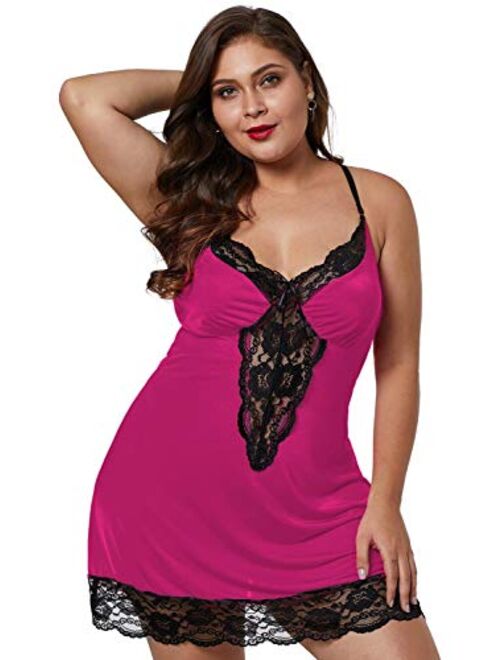 BLMFAION Women Sexy Plus Size Satin Chemise Babydoll Silky Lingerie Dress with Lace Trim X-5X