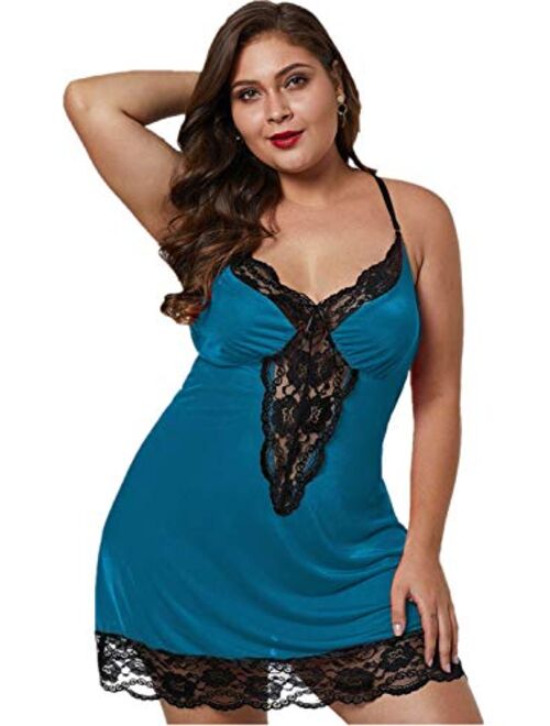 BLMFAION Women Sexy Plus Size Satin Chemise Babydoll Silky Lingerie Dress with Lace Trim X-5X