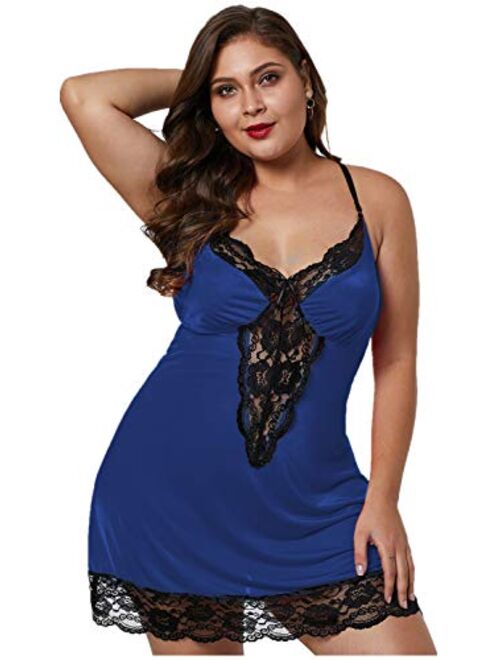 BLMFAION Women Sexy Plus Size Satin Chemise Babydoll Silky Lingerie Dress with Lace Trim X-5X