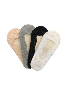 Bella Moda Women's Lace Casual No Show Non-skid Boat Socks Set of 5