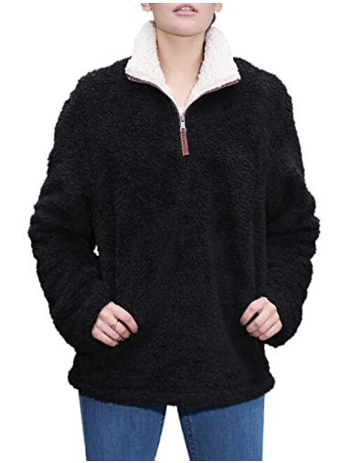 Fleece Sherpa Pullover Womens Sweatshirt Long Sleeve Soft Fuzzy Outwear Sweater Jacket 1/4 Zip Hoodie Coat with Pockets