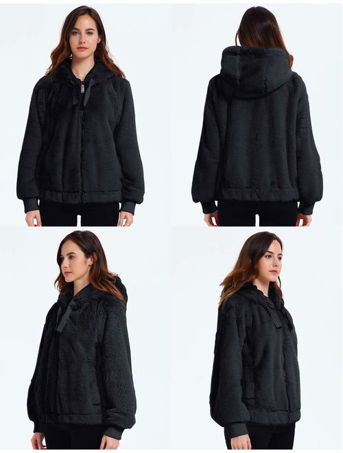 Geschallino Women's Soft Faux Fur Hooded Jacket, 2 Pockets Short Coat Outwear Warm Fluffy Fleece Tops for Winter, Spring, Black, M