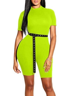 GOBLES Women's Bodycon Rompers Casual Solid Short Sleeve Jumpsuits with Belt