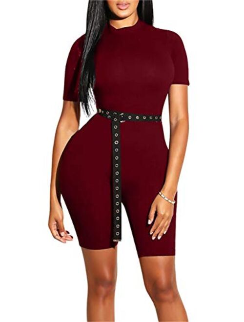 GOBLES Women's Bodycon Rompers Casual Solid Short Sleeve Jumpsuits with Belt