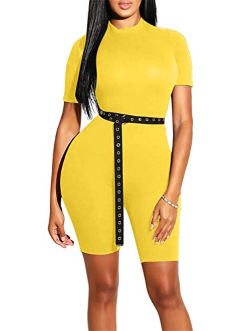 GOBLES Women's Bodycon Rompers Casual Solid Short Sleeve Jumpsuits with Belt