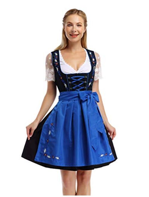 GloryStar Women's German Dirndl Dress 3 Pieces Traditional Bavarian Oktoberfest Costumes for Halloween Carnival