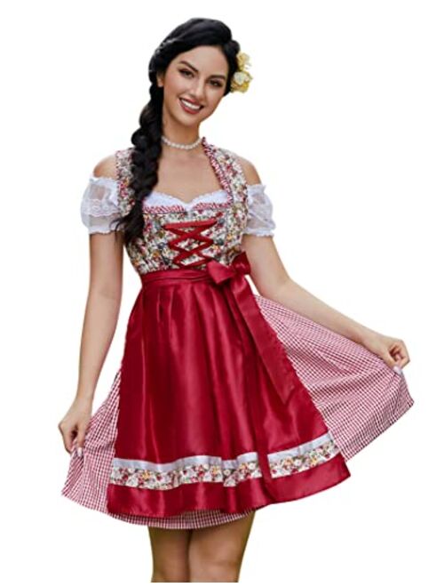 GloryStar Women's German Dirndl Dress 3 Pieces Traditional Bavarian Oktoberfest Costumes for Halloween Carnival