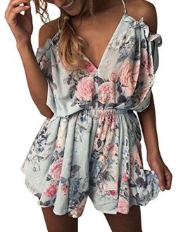 WLLW Women Spaghetti Strap V Neck Cold Shoulder Floral Romper Playsuit Jumpsuit