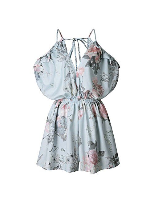 WLLW Women Spaghetti Strap V Neck Cold Shoulder Floral Romper Playsuit Jumpsuit