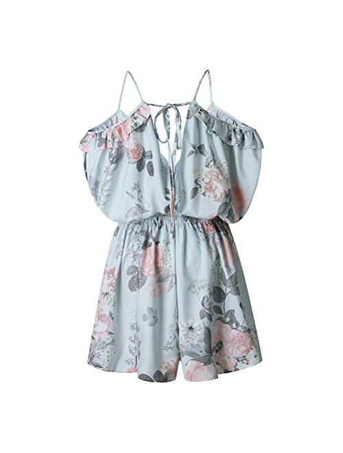 WLLW Women Spaghetti Strap V Neck Cold Shoulder Floral Romper Playsuit Jumpsuit