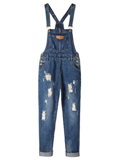 AvaCostume Womens' Adjustable Strap Ripped Denim Overalls