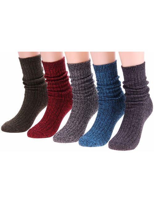 5 Pairs Women Knit Cotton Crew Socks Fashion Slouch Casual Socks, Size 5-10 S142