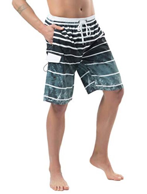 Lncropo Mens Quick Dry Swim Trunks Striped Print Board Shorts with Mesh Lining, Pocket, Elastic Waistband