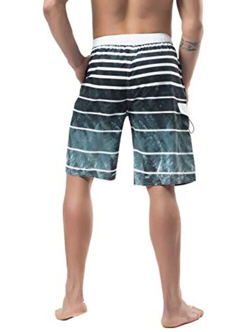 Lncropo Mens Quick Dry Swim Trunks Striped Print Board Shorts with Mesh Lining, Pocket, Elastic Waistband