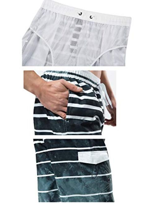 Lncropo Mens Quick Dry Swim Trunks Striped Print Board Shorts with Mesh Lining, Pocket, Elastic Waistband