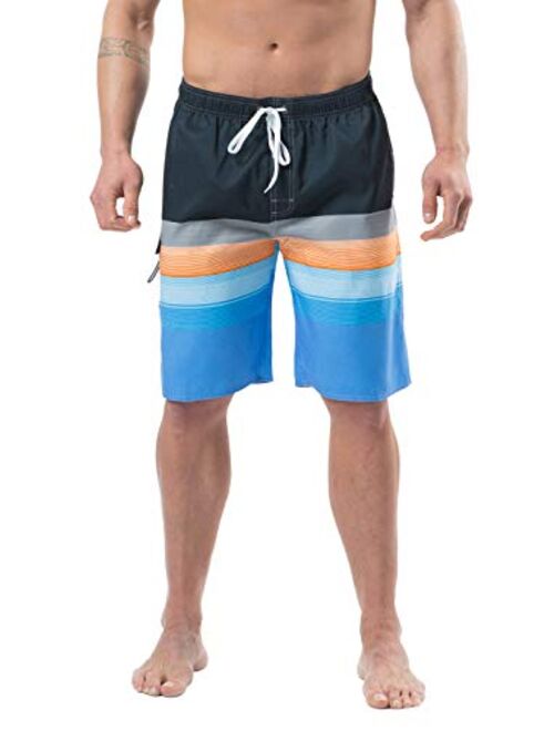 Lncropo Mens Quick Dry Swim Trunks Striped Print Board Shorts with Mesh Lining, Pocket, Elastic Waistband