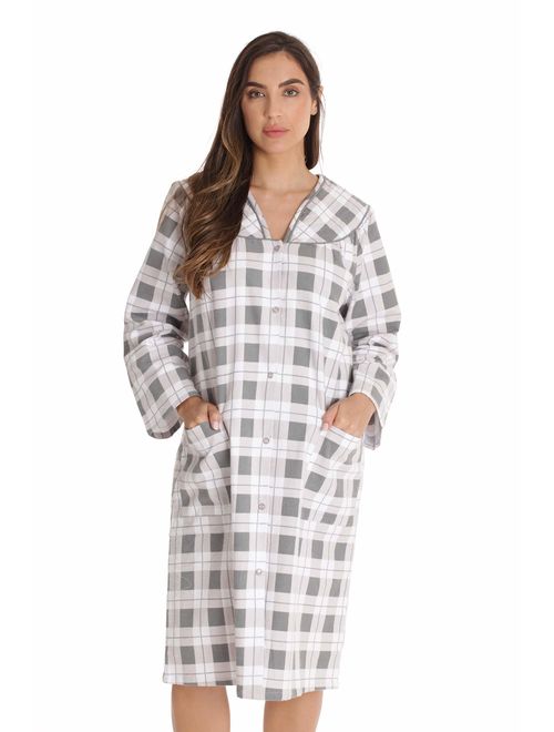 Dreamcrest Women's Snap-Front House Coat Flannel Duster Robe with Pockets