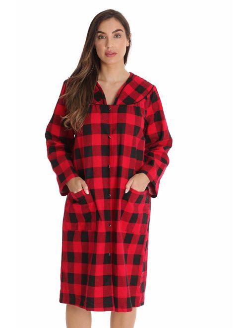 Dreamcrest Women's Snap-Front House Coat Flannel Duster Robe with Pockets