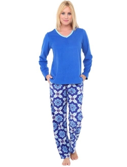 Women's Warm Fleece Pajamas, Long V Neck Pj Set