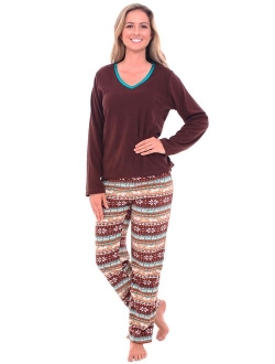 Women's Warm Fleece Pajamas, Long V Neck Pj Set